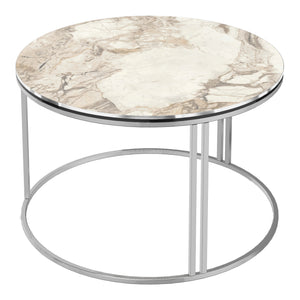 Tavolino Basso da Caffè 'Aulum' Piano Rotondo - Effetto Marmo Bianco / Argentato [en.casa]