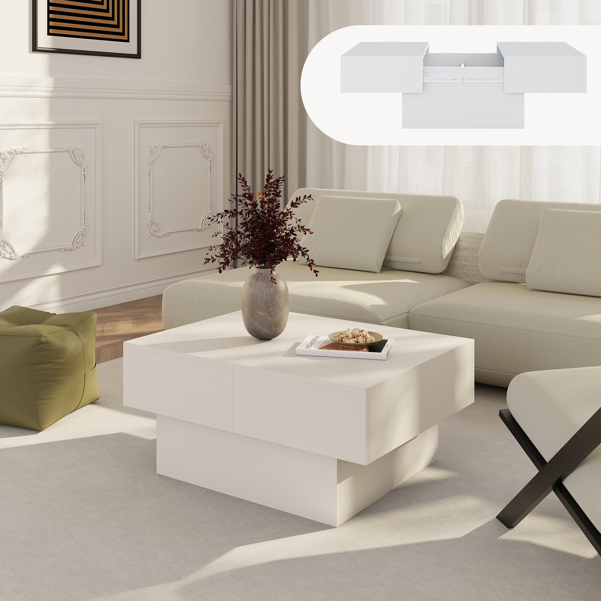 Tavolino Centrale Lens da Salotto con Piano Scorrevole 80 x 60 x 36 cm - Bianco [en.casa]