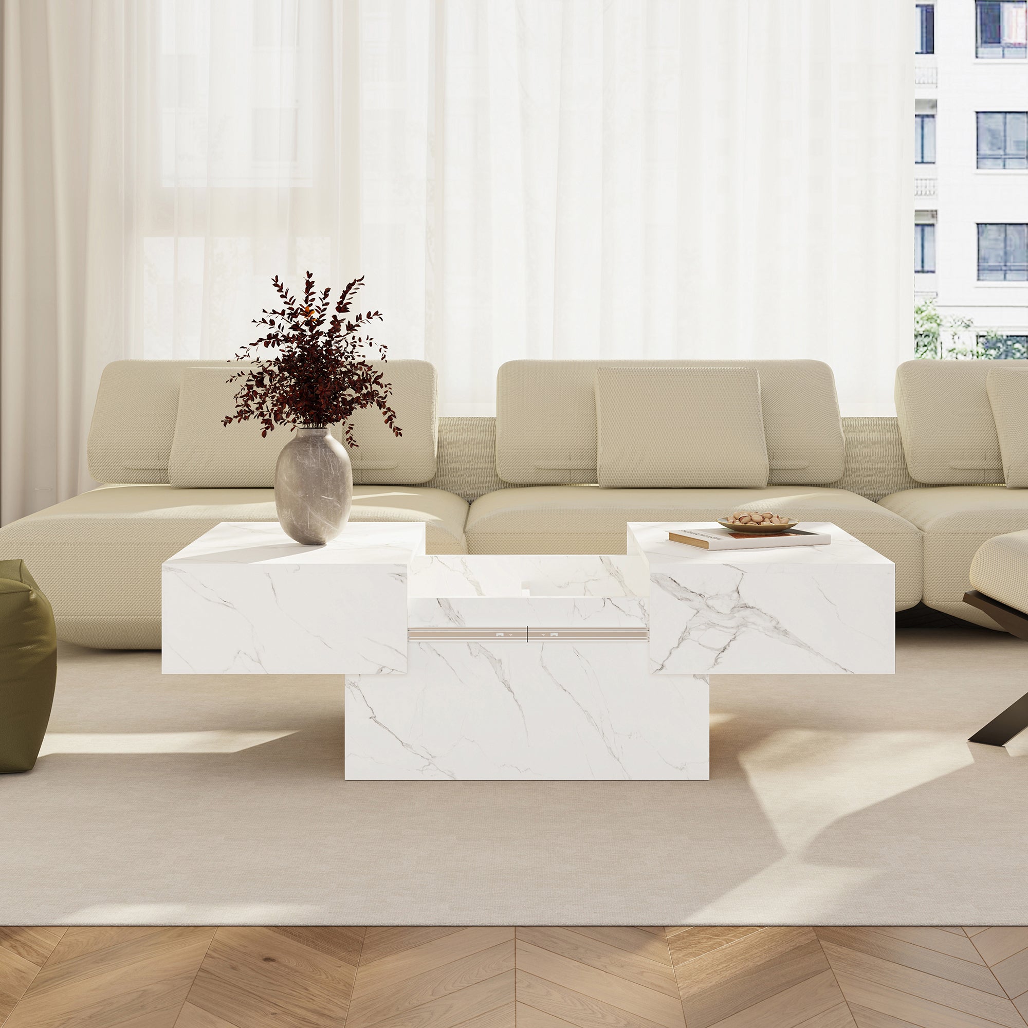 Tavolino Centrale Lens da Salotto con Piano Scorrevole 80 x 60 x 36 cm - Effetto Marmo Bianco [en.casa]