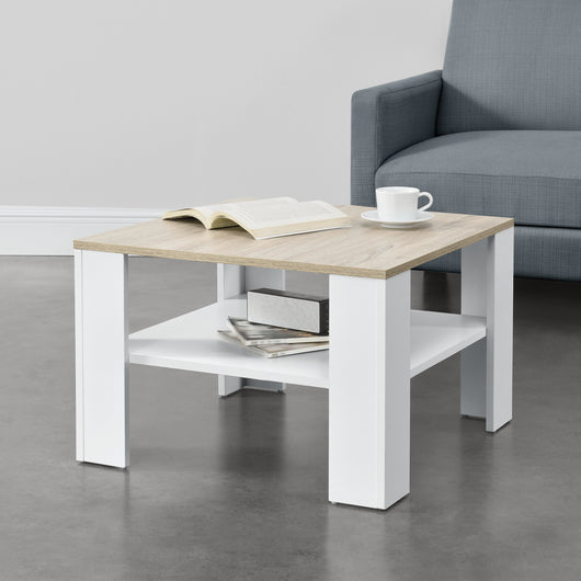 Tavolino Centrale da Salotto Aachen con Piano Quadrato - Bianco / color Rovere [en.casa]