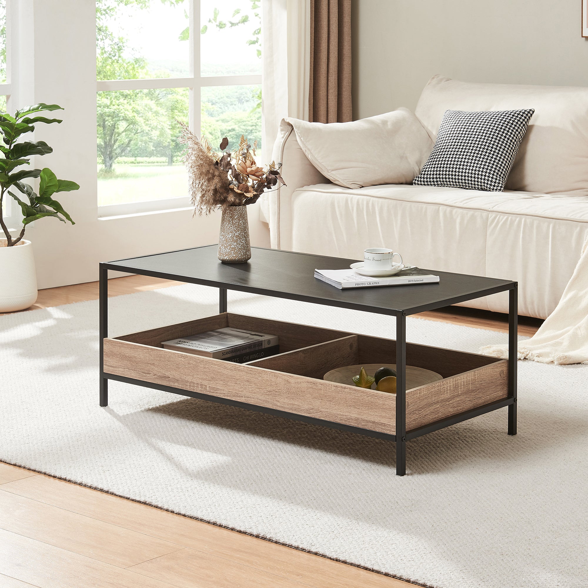 Tavolino da Salotto Belana con 2 Scomparti Aperti 100 x 48 x 39 cm - Nero/Effetto Rovere [en.casa]