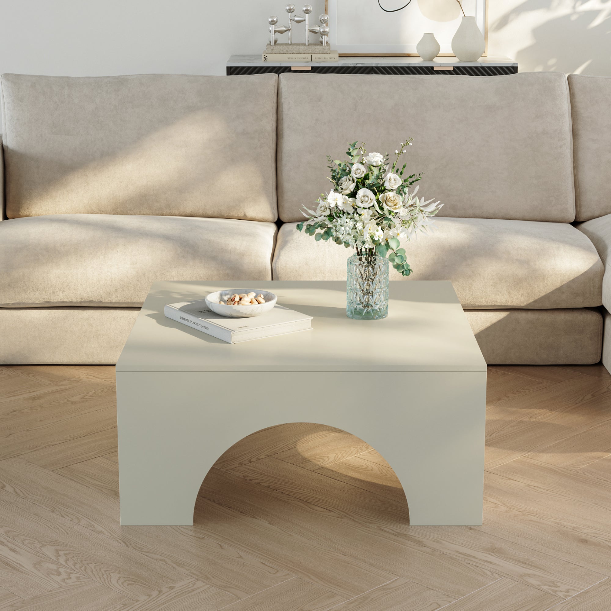 Tavolino da Salotto Vivatka con Piano Quadrato 80 x 80 x 37 cm - Colore Travertino [en.casa]