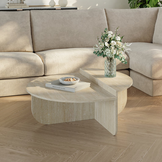 Tavolino Basso da Salotto Tondesdaslo con 2 Piani Semicircolari di Diverse Misure - Travertino [en.casa]