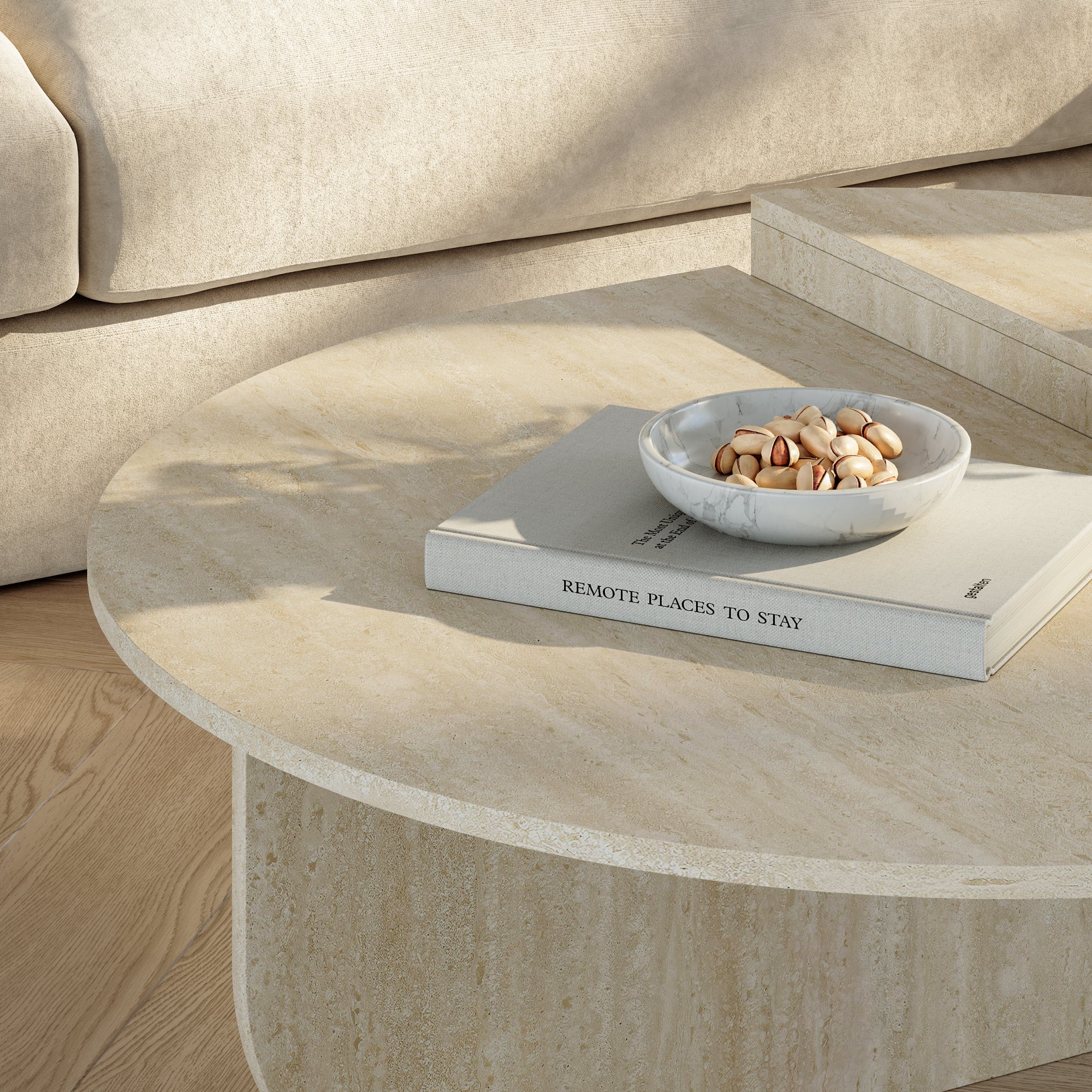 Tavolino Basso da Salotto Tondesdaslo con 2 Piani Semicircolari di Diverse Misure - Travertino [en.casa]