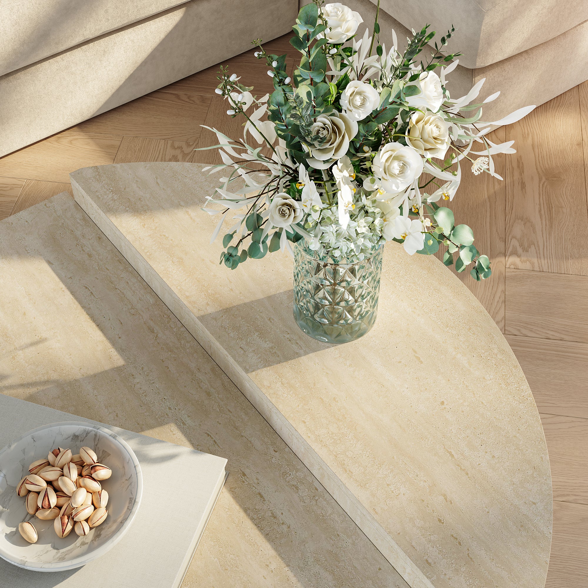 Tavolino Basso da Salotto Tondesdaslo con 2 Piani Semicircolari di Diverse Misure - Travertino [en.casa]