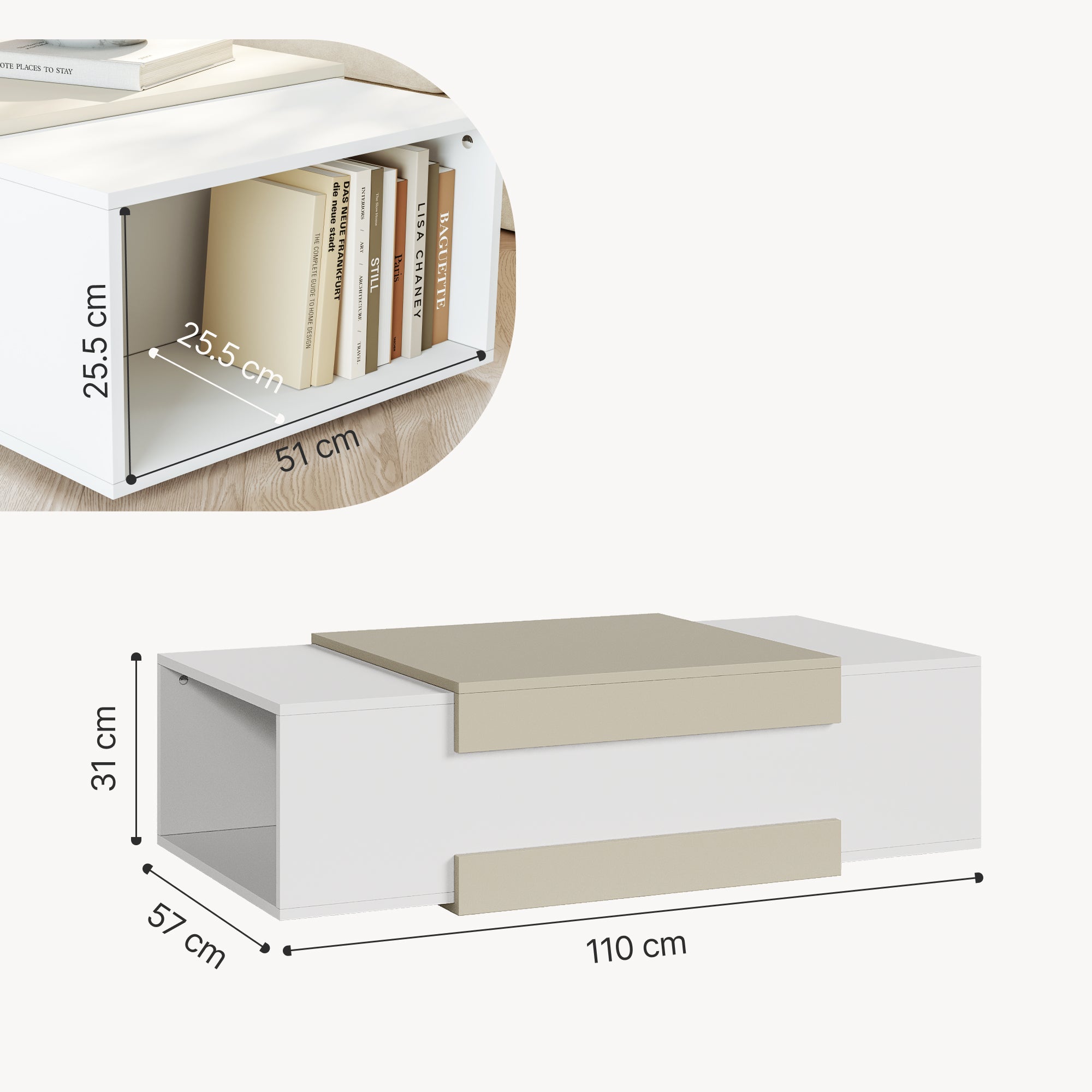 Tavolino da Salotto Eljak con Scomparti Laterali 110x57x31 cm Bianco / Avena Oatmeal [en.casa]