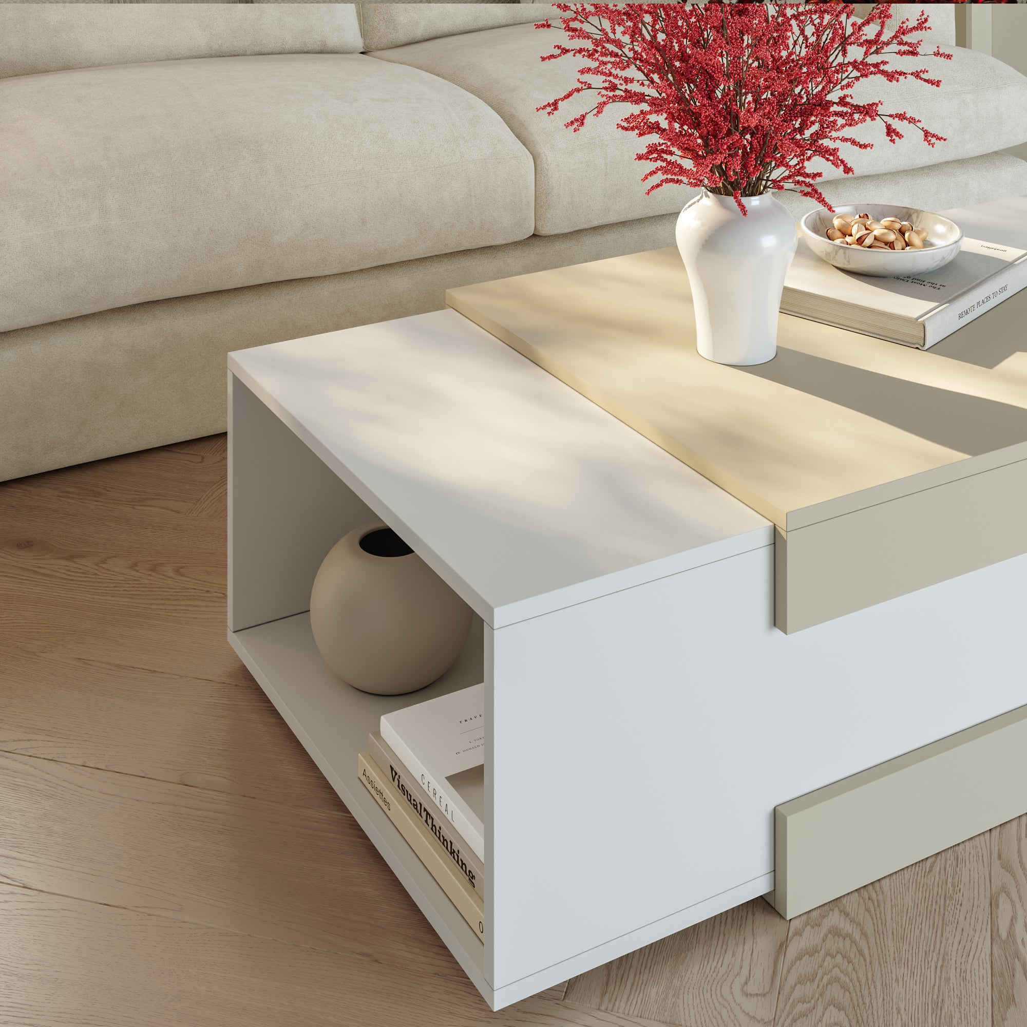 Tavolino da Salotto Eljak con Scomparti Laterali 110x57x31 cm Bianco / Avena Oatmeal [en.casa]