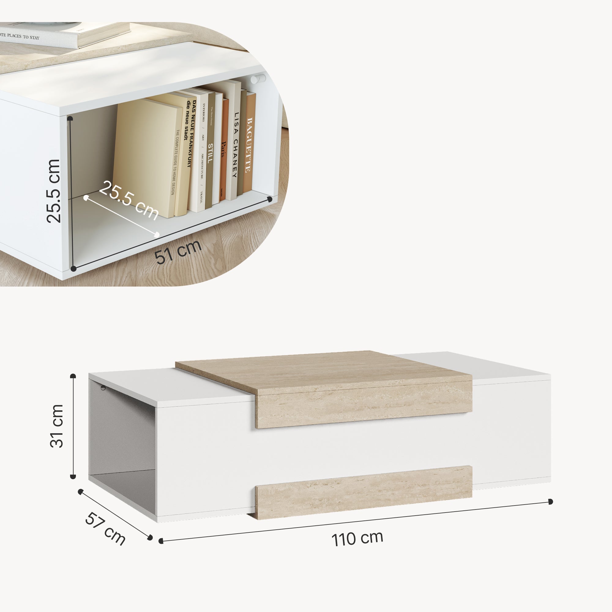 Tavolino da Salotto Eljak con Scomparti Laterali 110x57x31 cm Bianco / Avorio Travertin [en.casa]