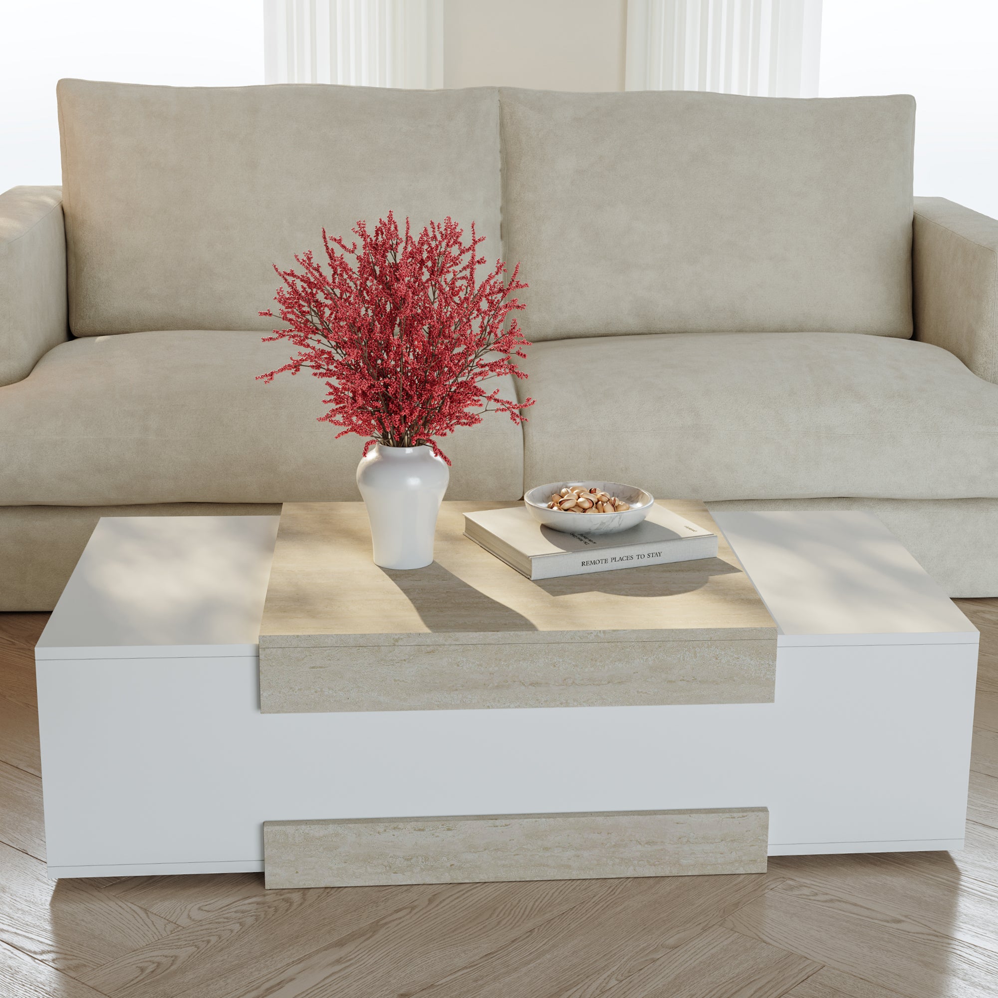 Tavolino da Salotto Eljak con Scomparti Laterali 110x57x31 cm Bianco / Avorio Travertin [en.casa]