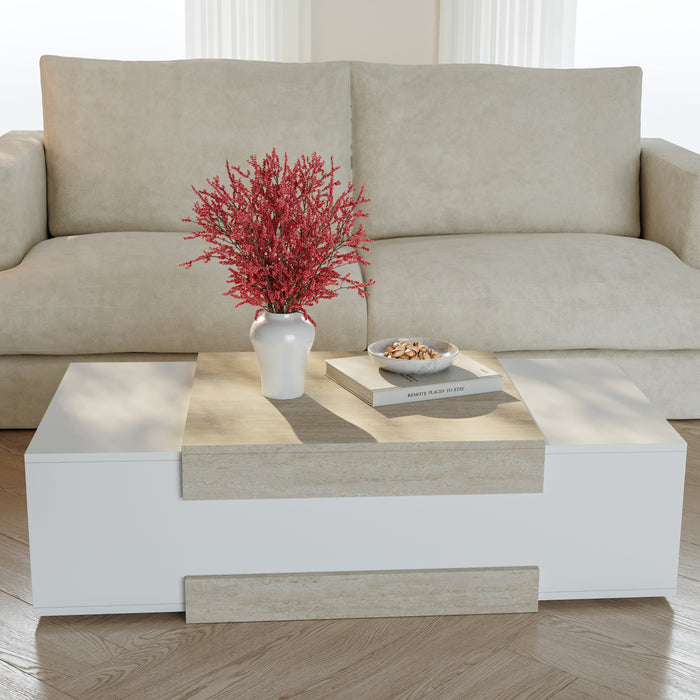 Tavolino da Salotto Eljak con Scomparti Laterali 110x57x31 cm Bianco / Avorio Travertin [en.casa]