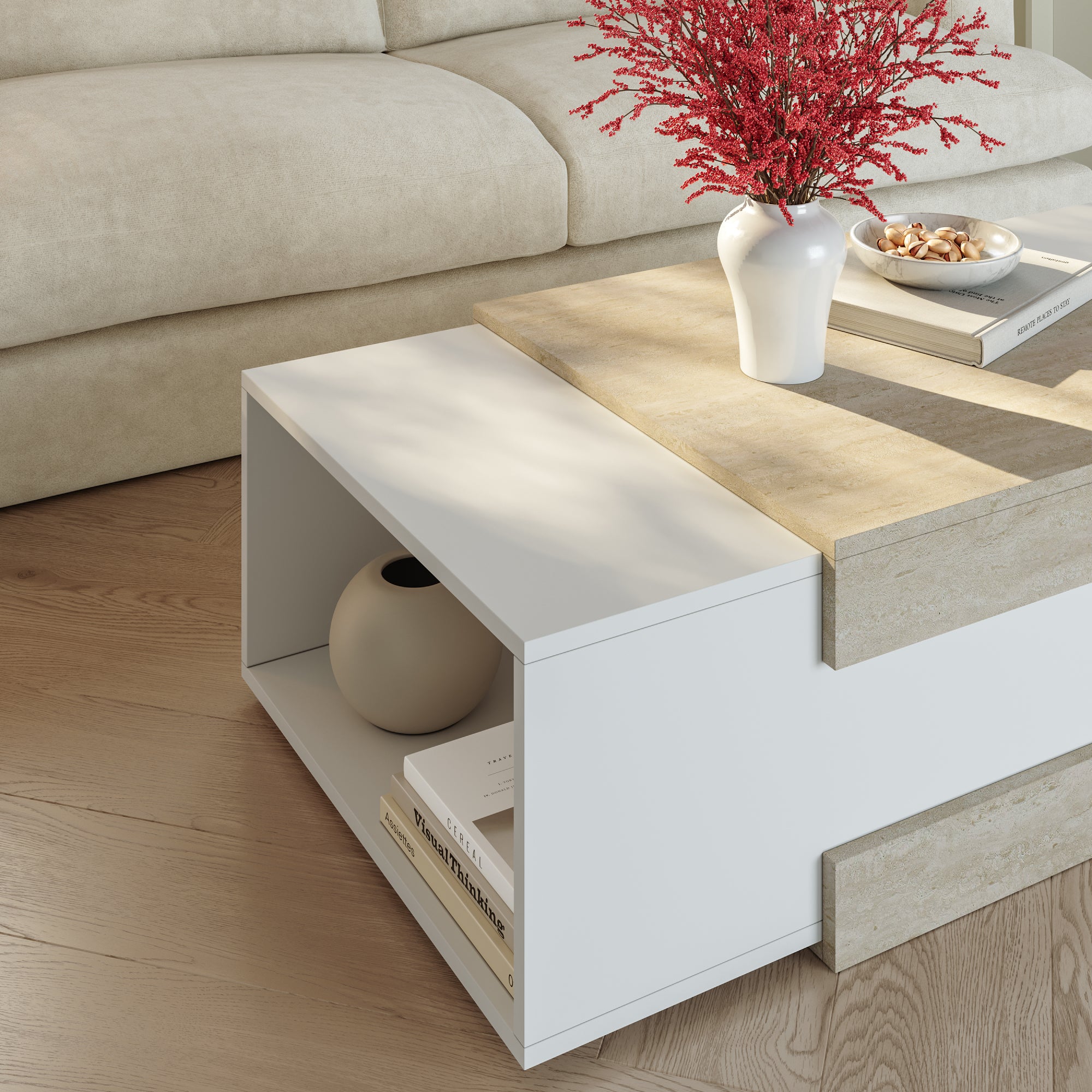 Tavolino da Salotto Eljak con Scomparti Laterali 110x57x31 cm Bianco / Avorio Travertin [en.casa]