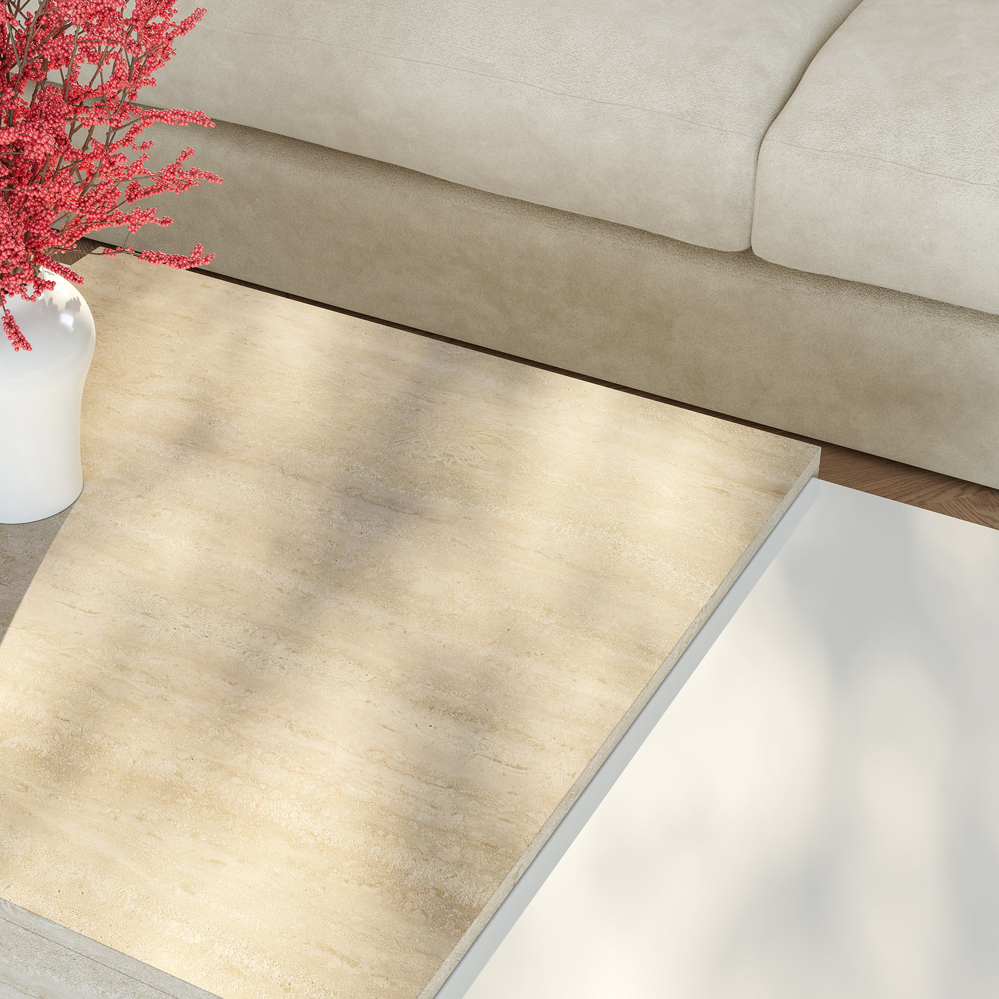 Tavolino da Salotto Eljak con Scomparti Laterali 110x57x31 cm Bianco / Avorio Travertin [en.casa]