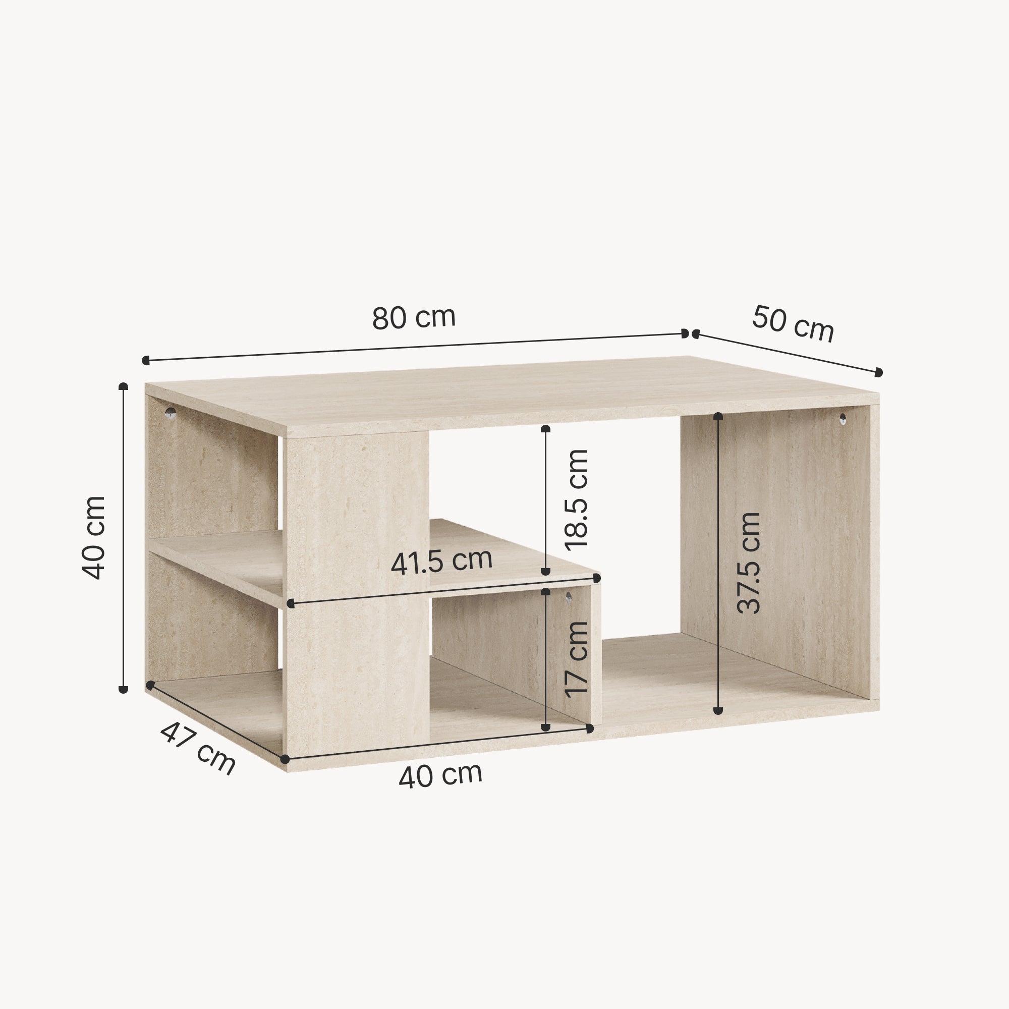 Tavolino Centrale da Salotto Antaa con Vani Aperti 80 x 50 x 40 cm - Color Avorio Travertino [en.casa]