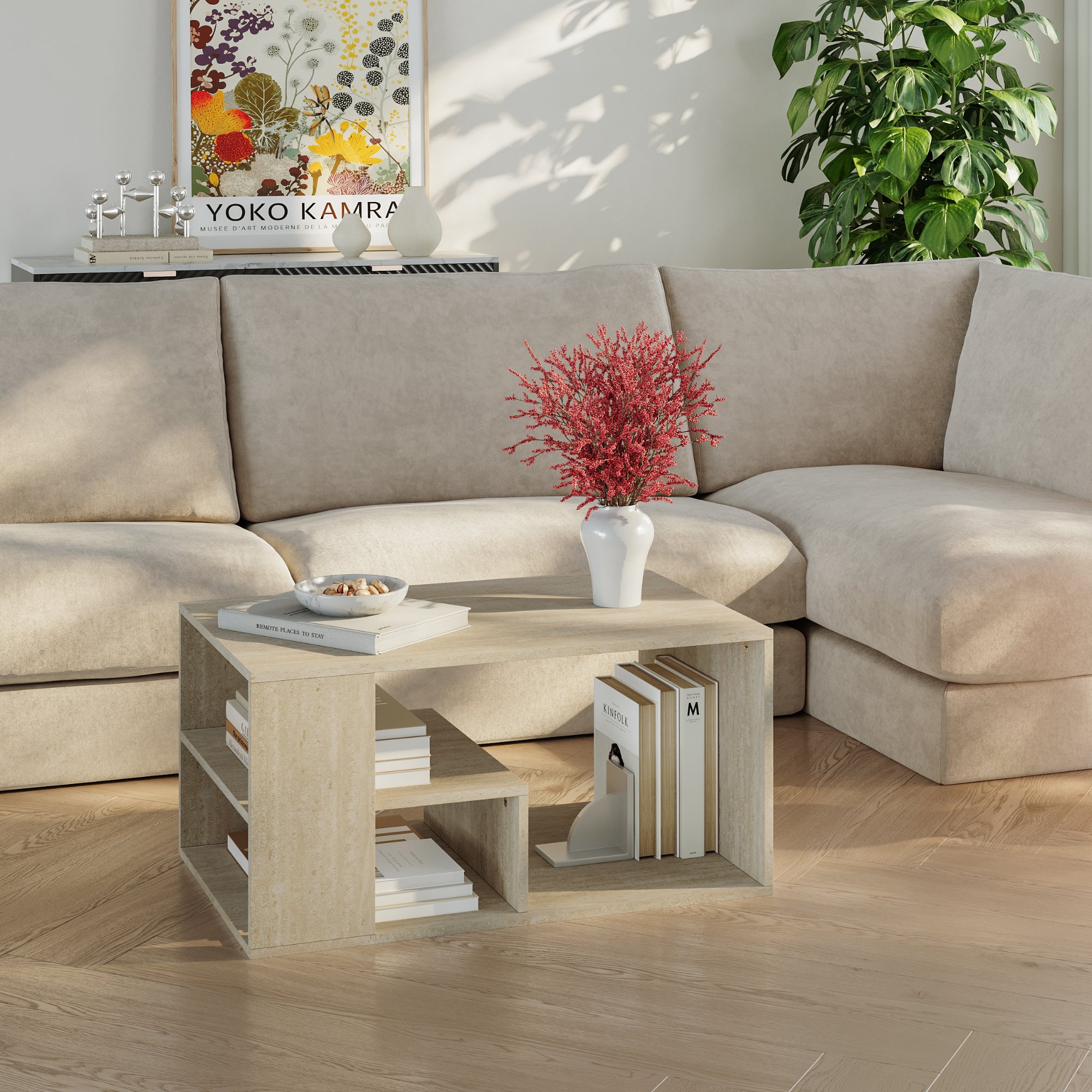 Tavolino Centrale da Salotto Antaa con Vani Aperti 80 x 50 x 40 cm - Color Avorio Travertino [en.casa]