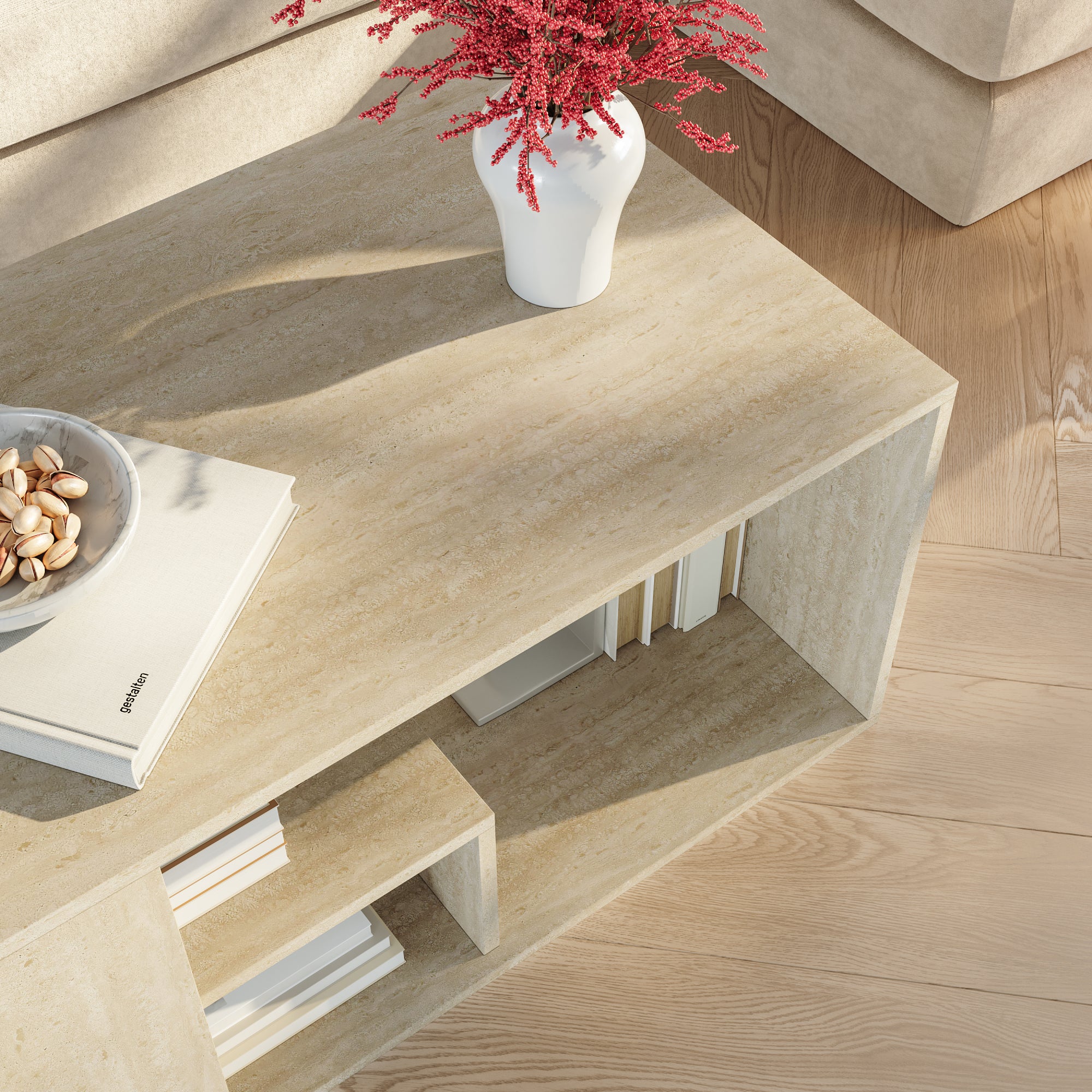 Tavolino Centrale da Salotto Antaa con Vani Aperti 80 x 50 x 40 cm - Color Avorio Travertino [en.casa]