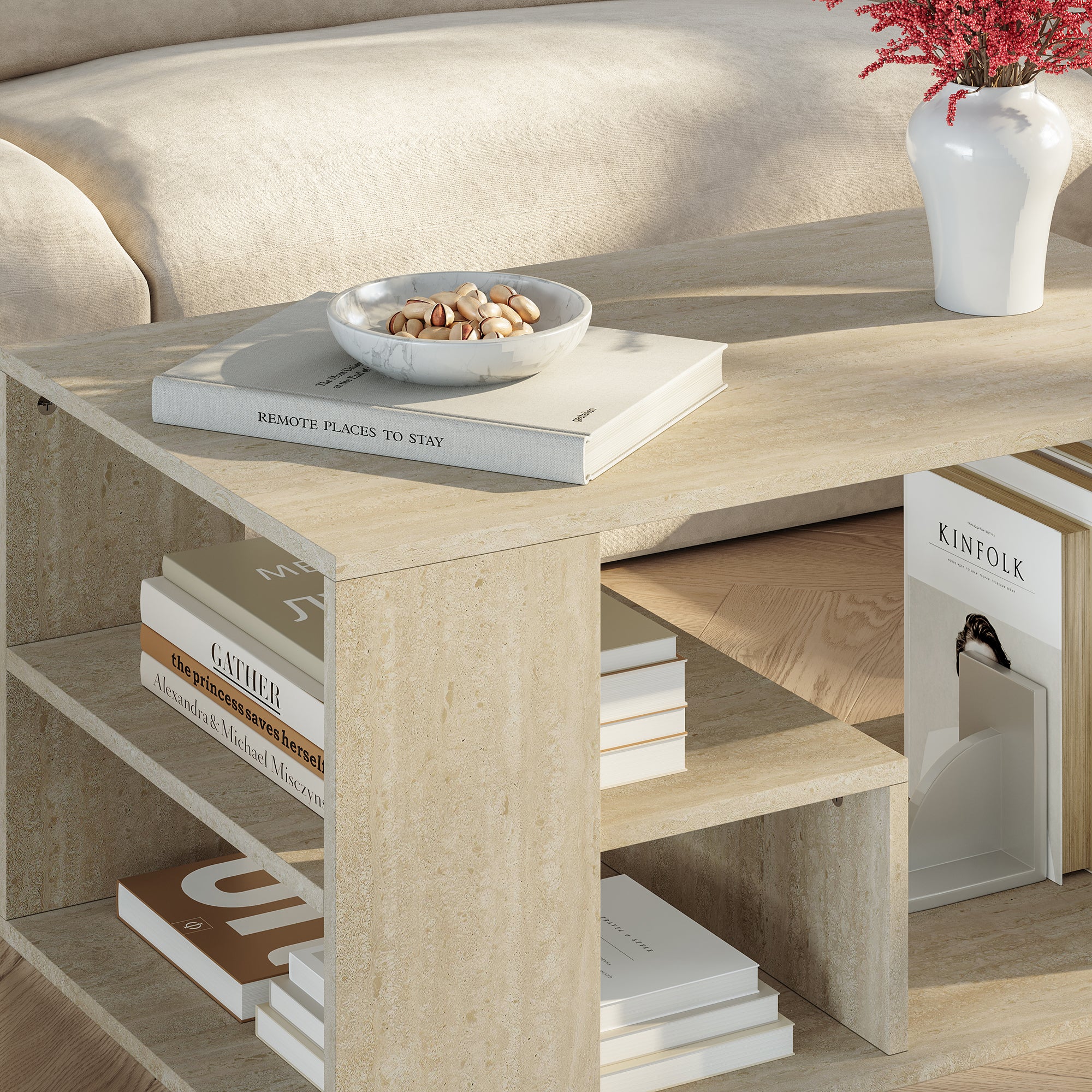 Tavolino Centrale da Salotto Antaa con Vani Aperti 80 x 50 x 40 cm - Color Avorio Travertino [en.casa]