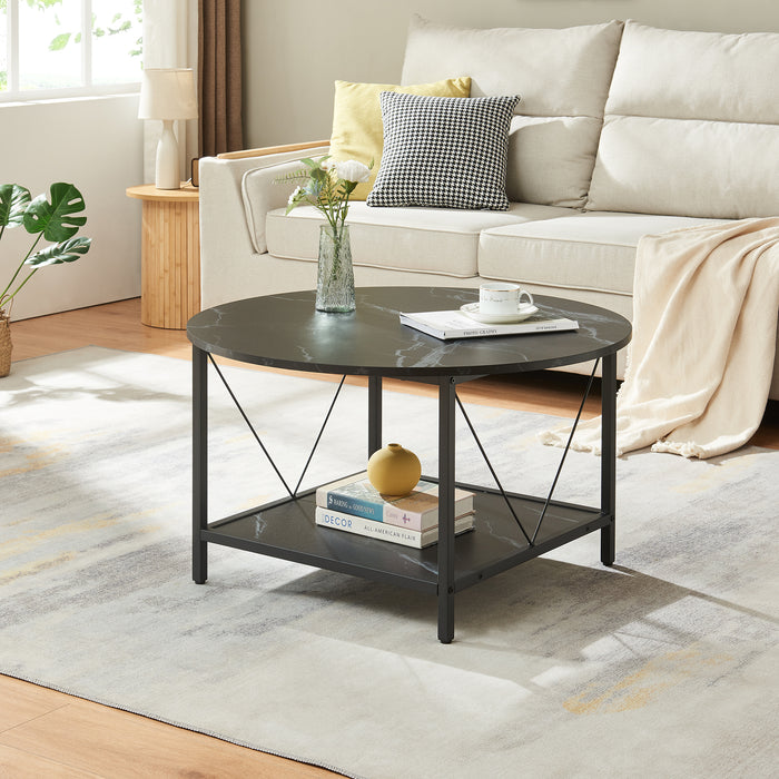 Tavolino da Caffè Filem con Piano Rotondo e Ripiano ØxA: 80 x 46 cm - Effetto Marmo Nero [en.casa]