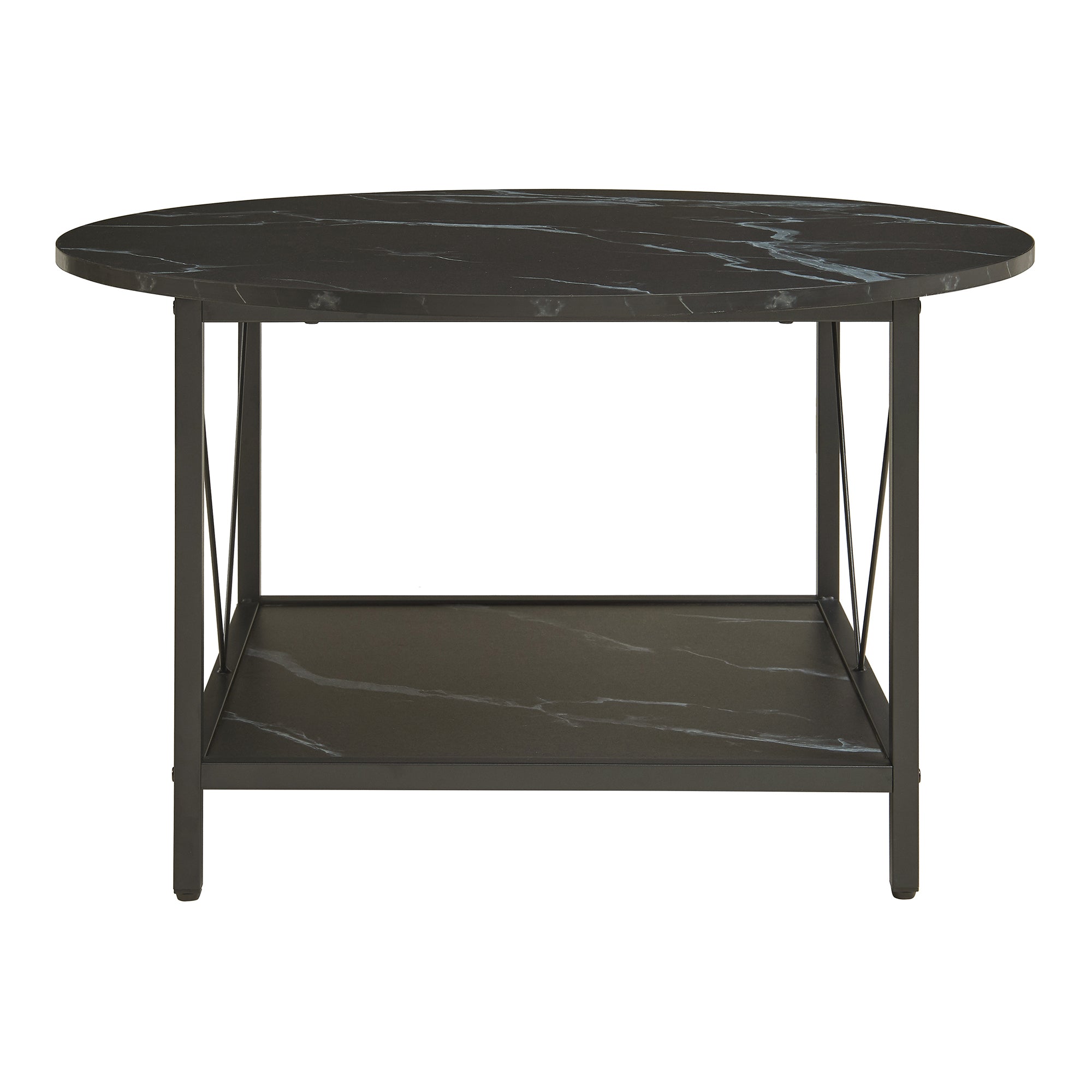 Tavolino da Caffè Filem con Piano Rotondo e Ripiano ØxA: 80 x 46 cm - Effetto Marmo Nero [en.casa]