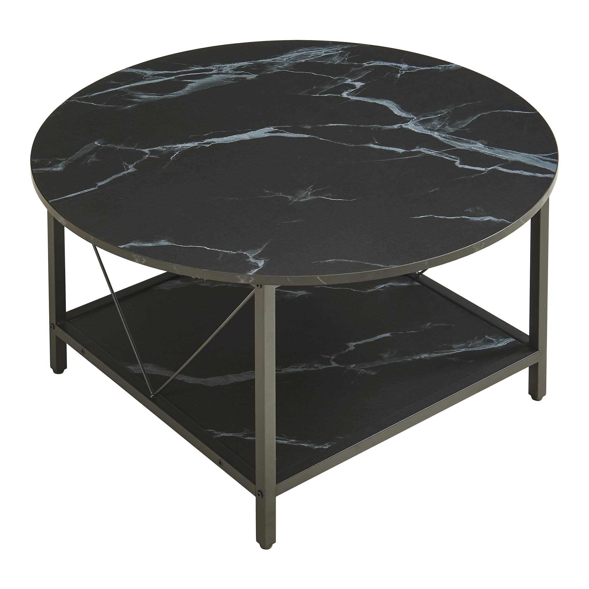 Tavolino da Caffè Filem con Piano Rotondo e Ripiano ØxA: 80 x 46 cm - Effetto Marmo Nero [en.casa]