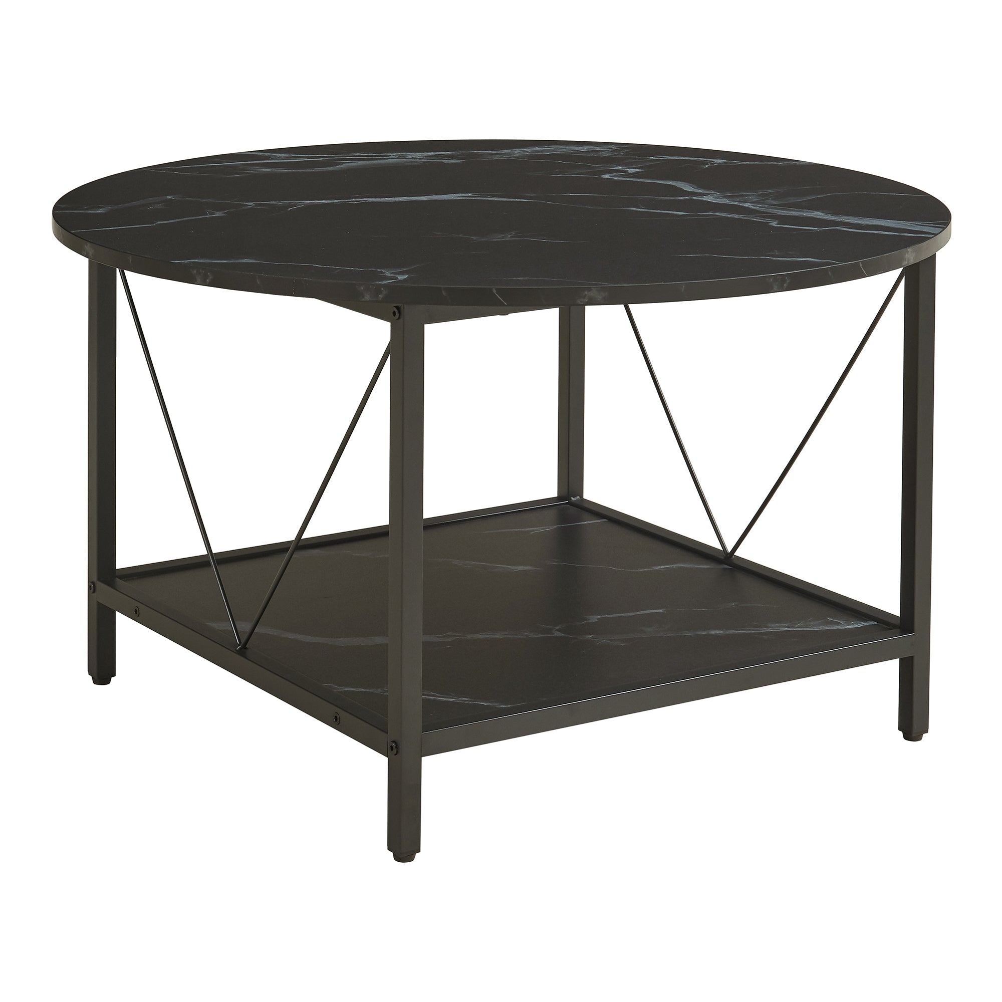 Tavolino da Caffè Filem con Piano Rotondo e Ripiano ØxA: 80 x 46 cm - Effetto Marmo Nero [en.casa]