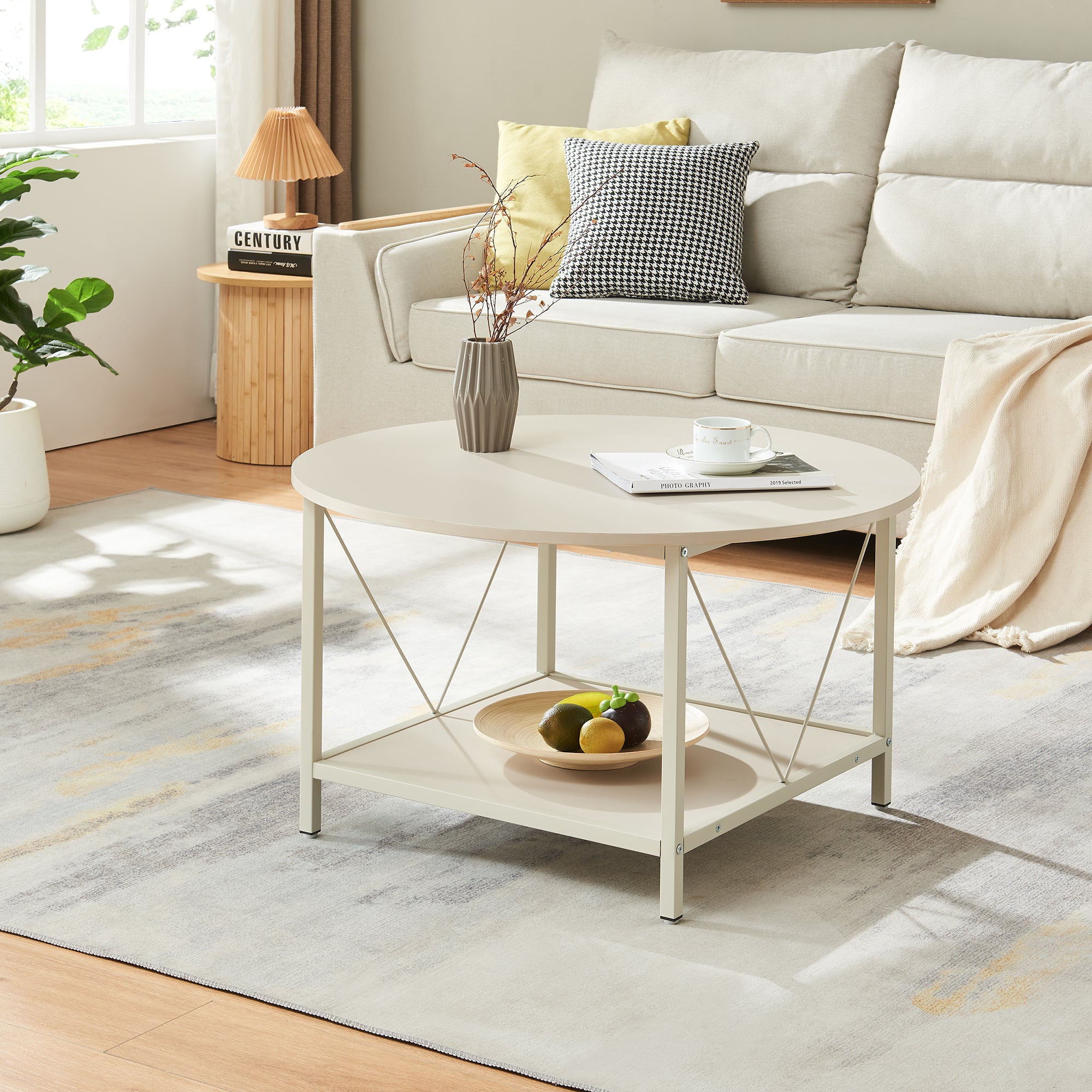 Tavolino da Caffè Filem con Piano Rotondo e Ripiano ØxA: 80 x 46 cm - Color Sabbia [en.casa]