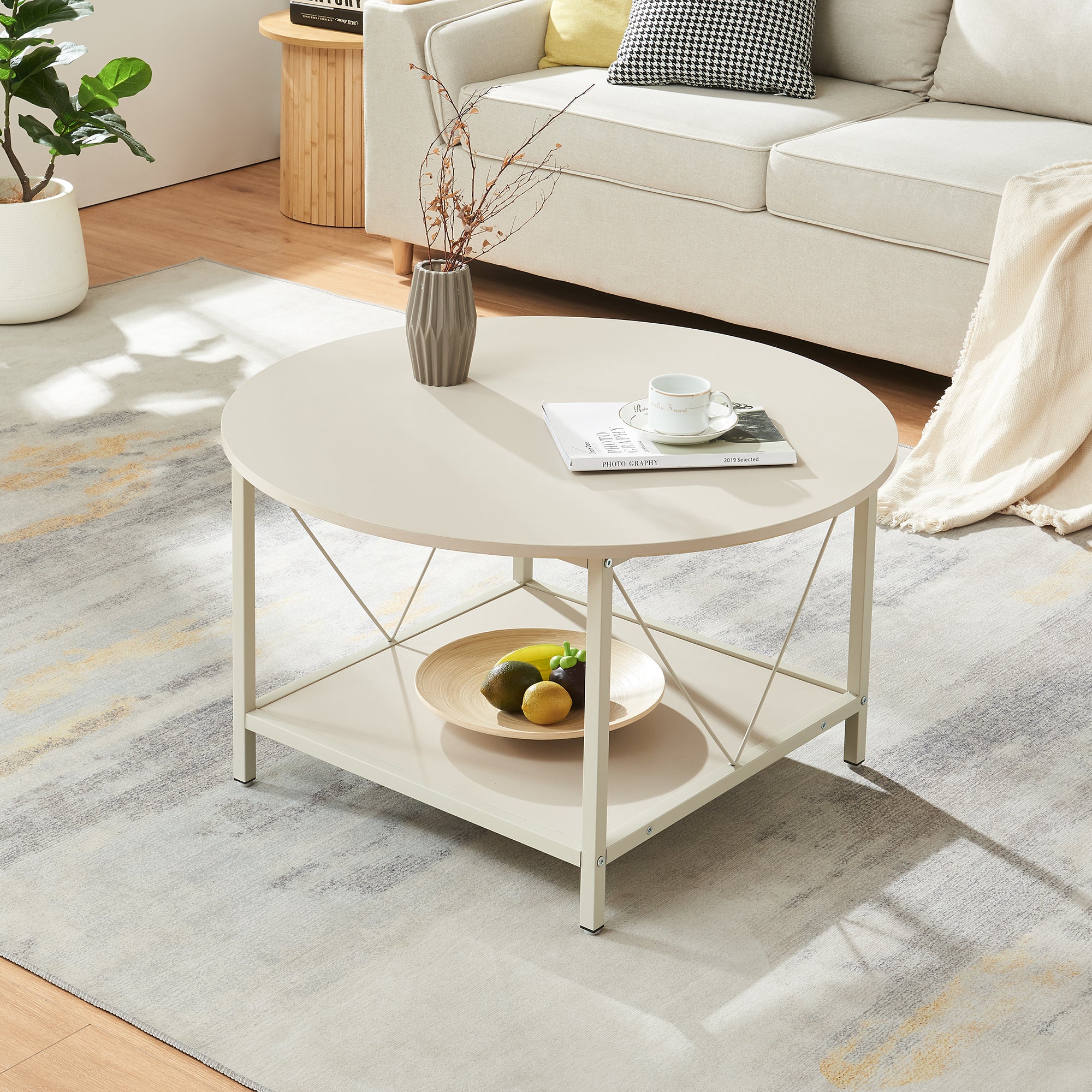 Tavolino da Caffè Filem con Piano Rotondo e Ripiano ØxA: 80 x 46 cm - Color Sabbia [en.casa]