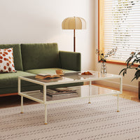 Tavolino Centrale da Salotto Lindau in Acciaio Piani in Vetro 100x50x46 cm Bianco Crema [en.casa]