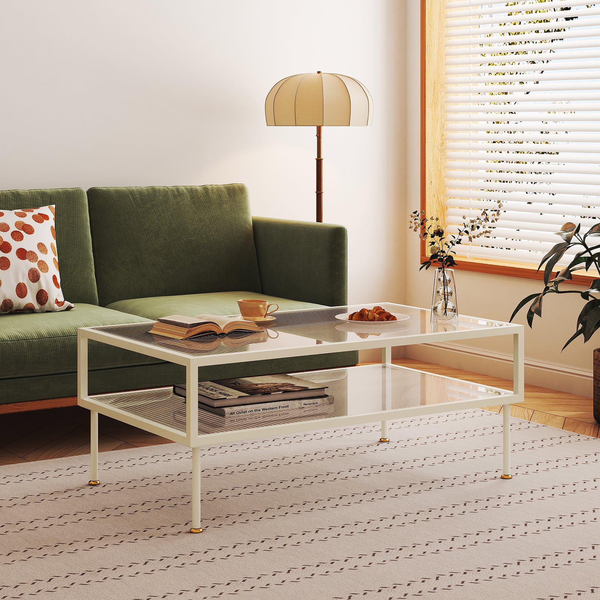 Tavolino Centrale da Salotto Lindau in Acciaio Piani in Vetro 100x50x46 cm Bianco Crema [en.casa]