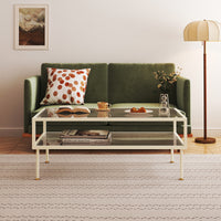 Tavolino Centrale da Salotto Lindau in Acciaio Piani in Vetro 100x50x46 cm Bianco Crema [en.casa]