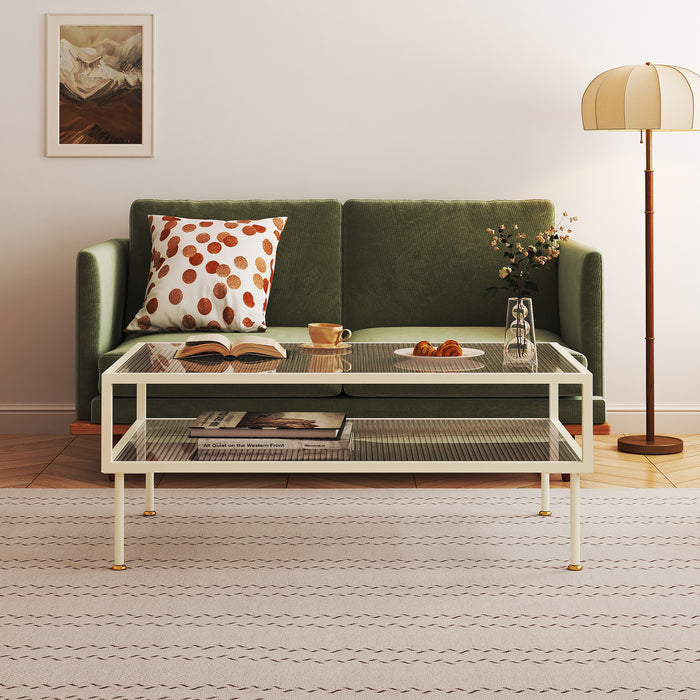 Tavolino Centrale da Salotto Lindau in Acciaio Piani in Vetro 100x50x46 cm Bianco Crema [en.casa]