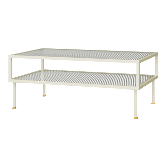 Tavolino Centrale da Salotto Lindau in Acciaio Piani in Vetro 100x50x46 cm Bianco Crema [en.casa]