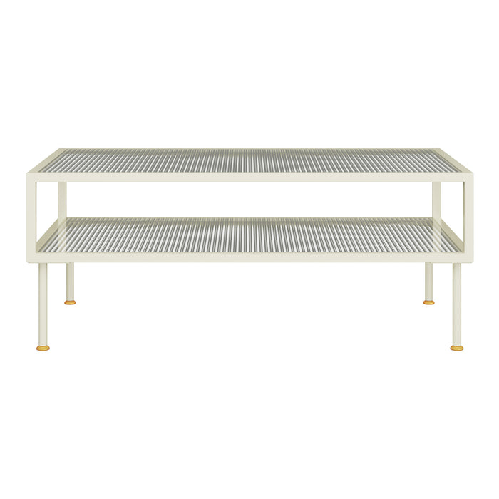 Tavolino Centrale da Salotto Lindau in Acciaio Piani in Vetro 100x50x46 cm Bianco Crema [en.casa]
