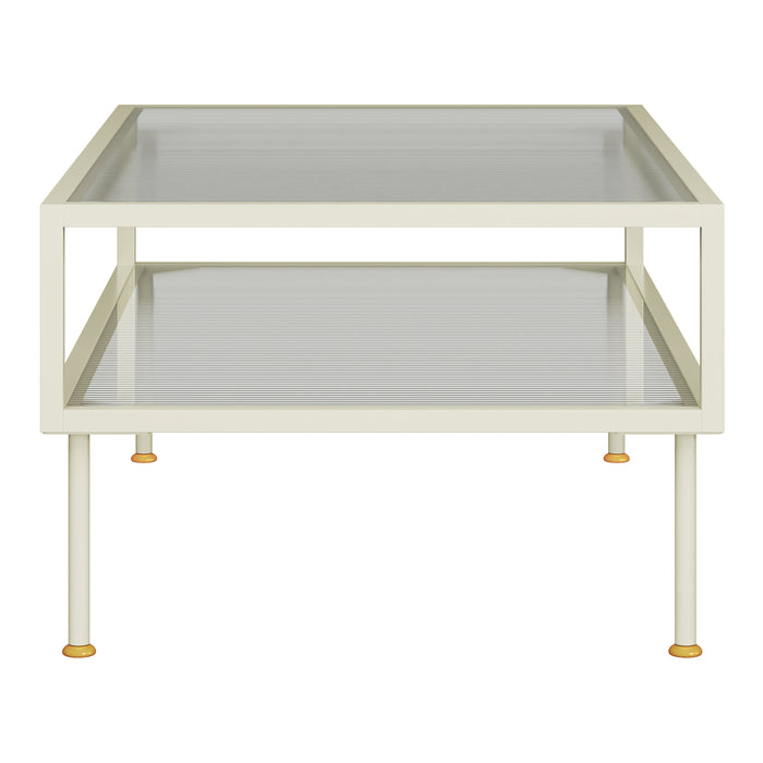 Tavolino Centrale da Salotto Lindau in Acciaio Piani in Vetro 100x50x46 cm Bianco Crema [en.casa]