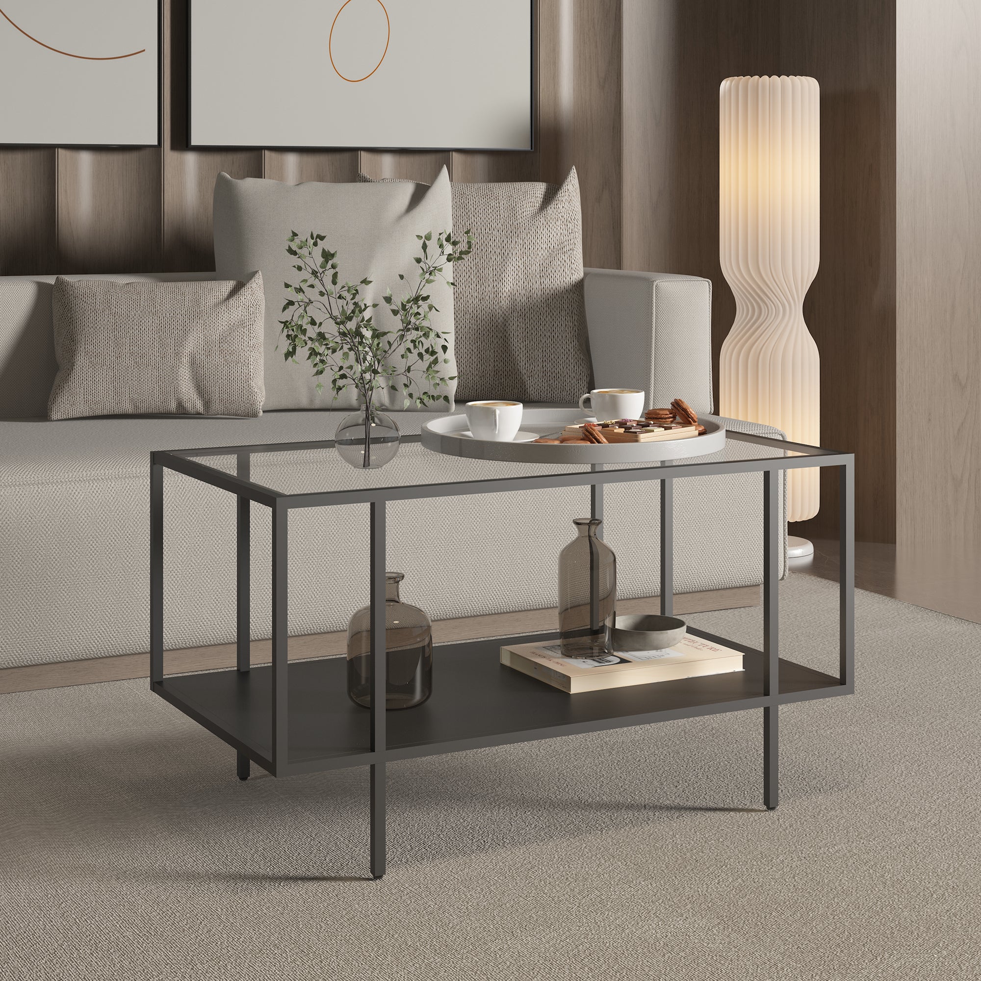 Tavolino Centrale da Salotto Nynna con Piano in Vetro 90 x 50 x 50cm Nero [en.casa]