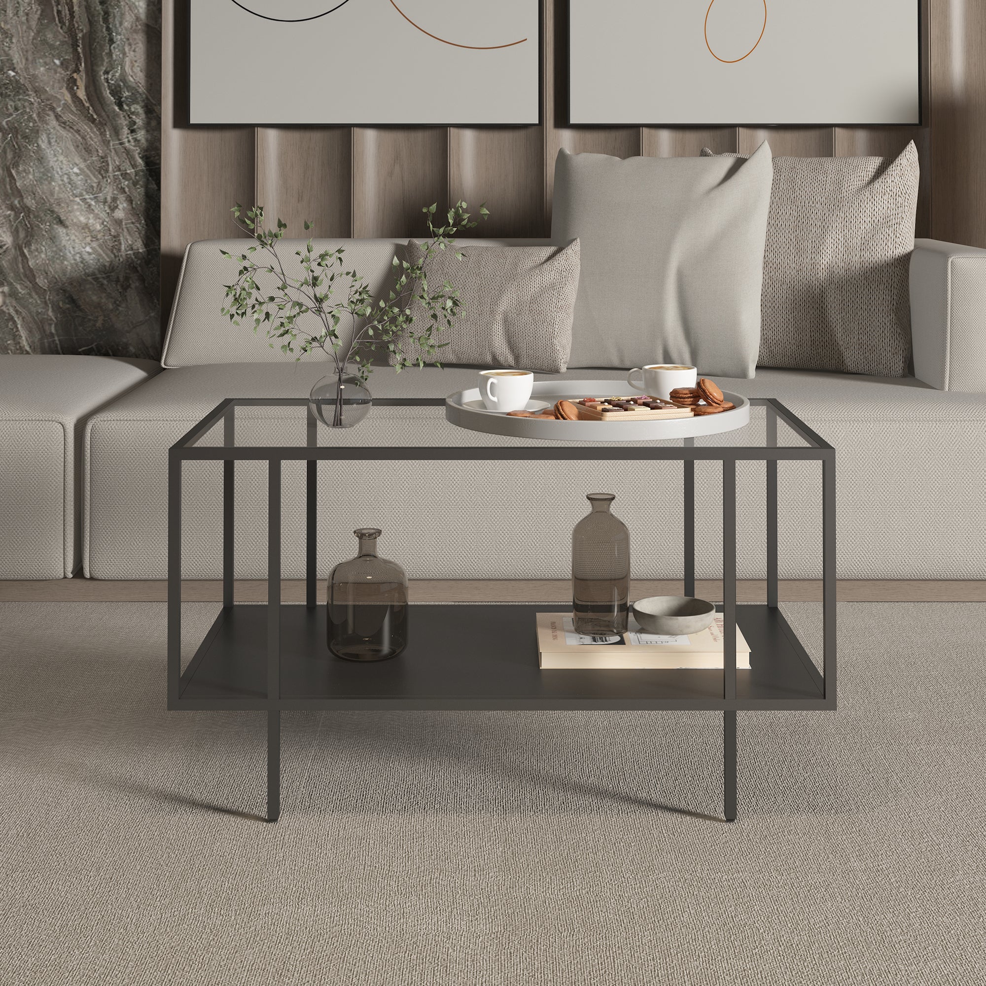 Tavolino Centrale da Salotto Nynna con Piano in Vetro 90 x 50 x 50cm Nero [en.casa]