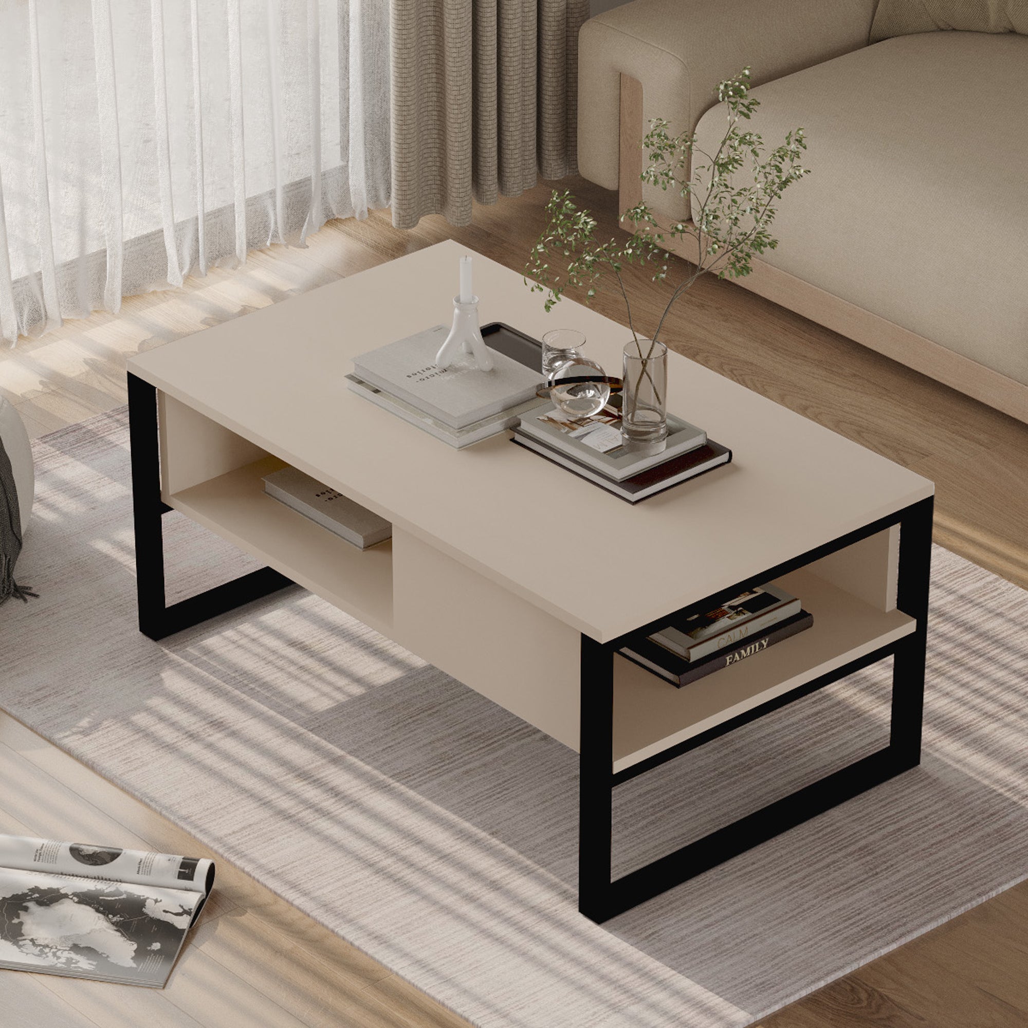 Tavolino Centrale da Salotto Laukaa con Scomparti 45 x 100 x 60 cm Beige/Nero [en.casa]