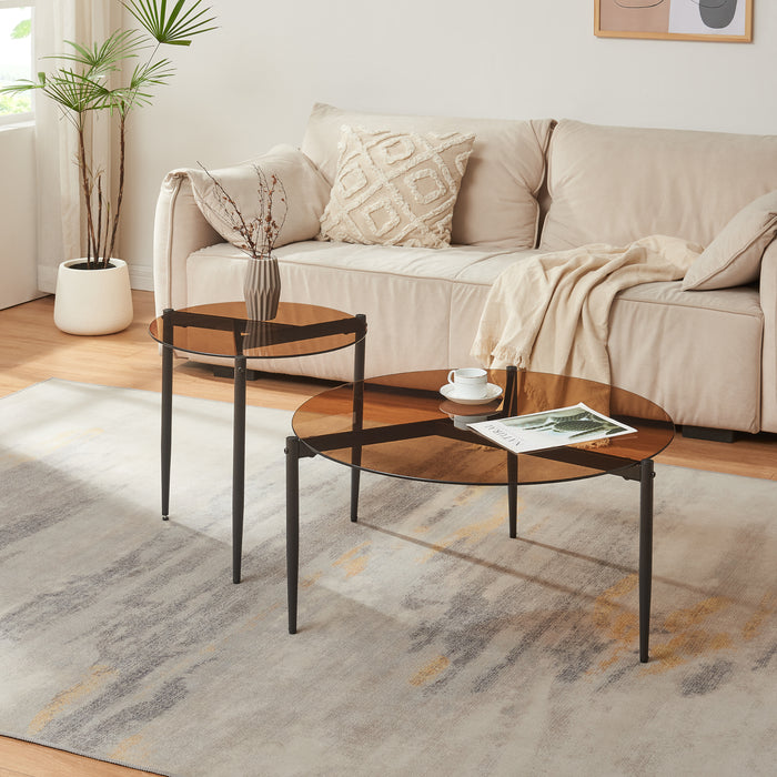 Tavolino da Salotto Ulökantaa con Piano Rotondo in Vetro Fumé - Marrone [en.casa]