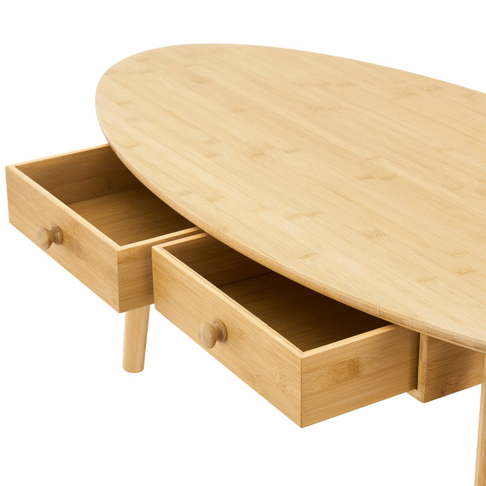 Tavolino Basso Harboøre Piano Ovale e 2 Cassetti - Bambù Naturale [en.casa]