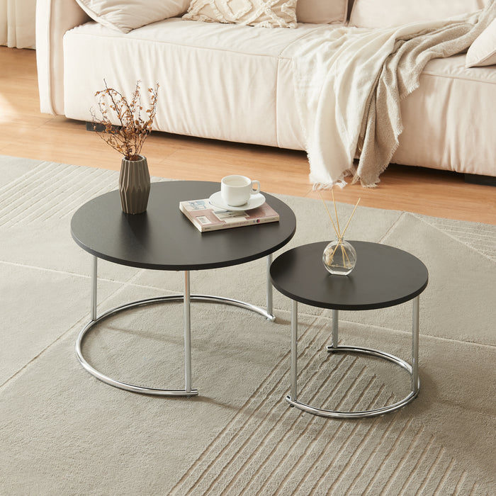 Set Christchurch 2 Tavolini Sovrapponbili con Piani Rotondi - Nero / Cromato [en.casa]