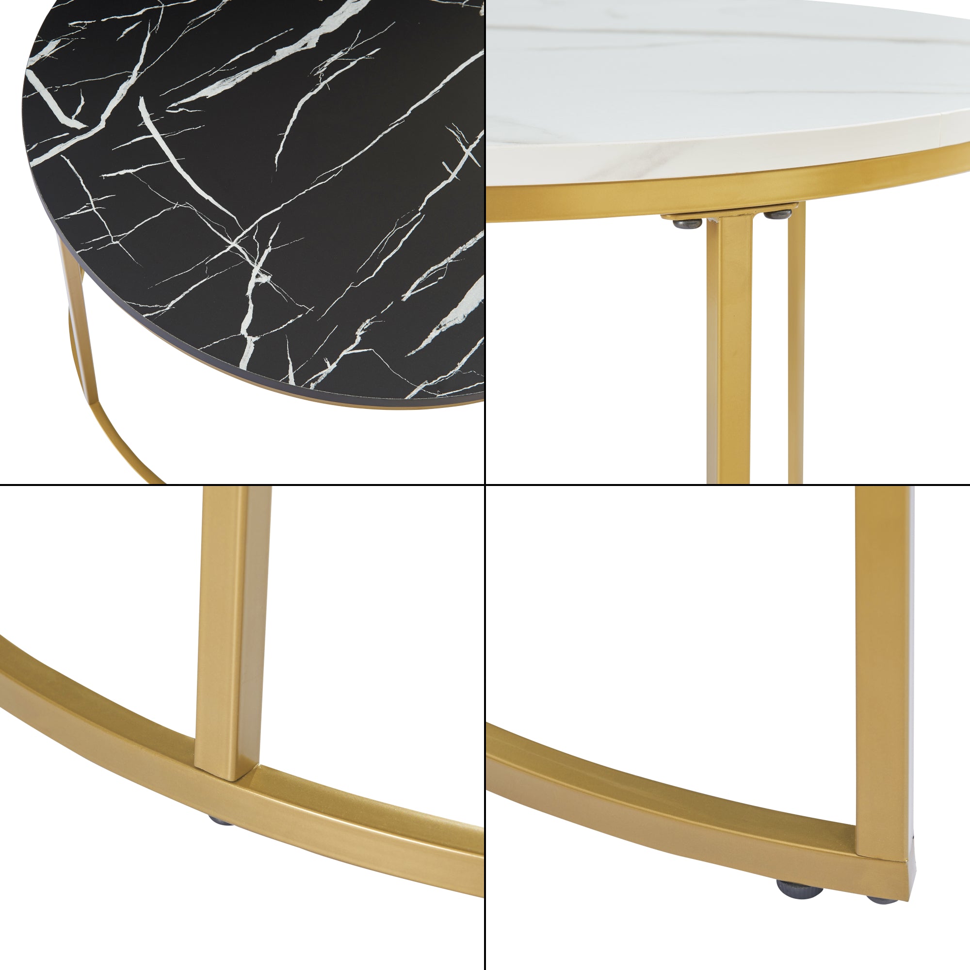 Set Christchurch 2 Tavolini Sovrapponbili con Piani Rotondi - Effetto Marmo Nero e Bianco / Oro [en.casa]