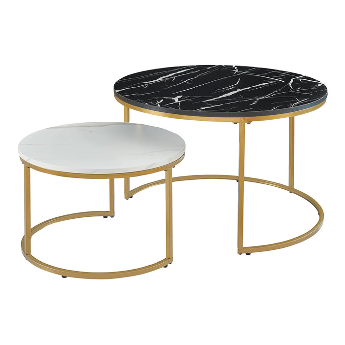 Set Christchurch 2 Tavolini Sovrapponbili con Piani Rotondi - Effetto Marmo Nero e Bianco / Oro [en.casa]