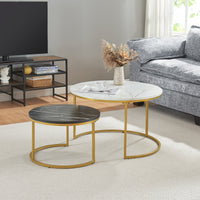 Set Christchurch 2 Tavolini Sovrapponbili con Piani Rotondi - Effetto Marmo Bianco e Nero / Oro [en.casa]