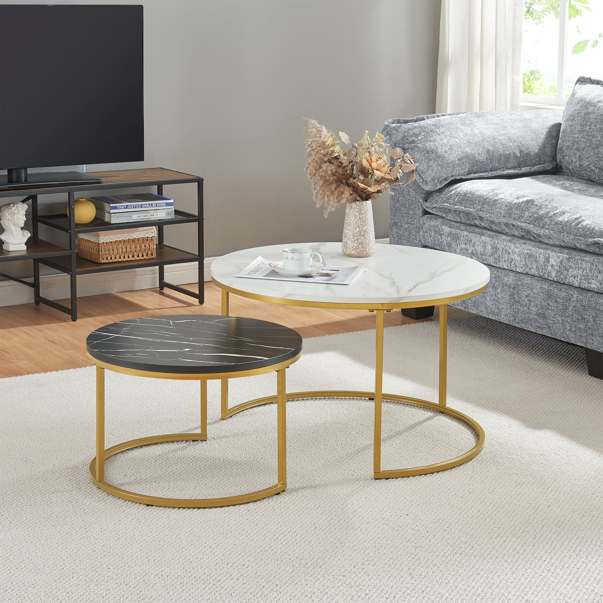 Set Christchurch 2 Tavolini Sovrapponbili con Piani Rotondi - Effetto Marmo Bianco e Nero / Oro [en.casa]