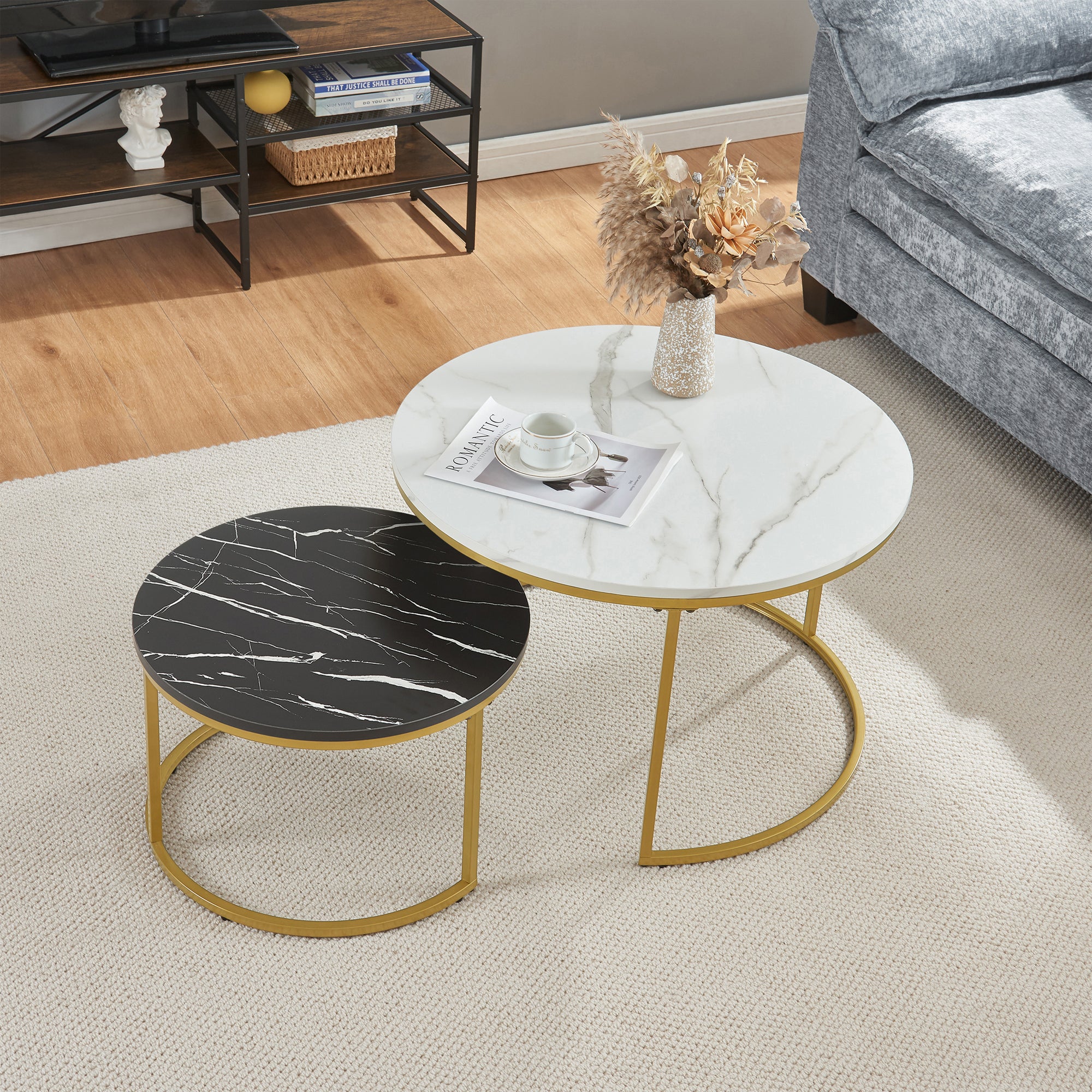 Set Christchurch 2 Tavolini Sovrapponbili con Piani Rotondi - Effetto Marmo Bianco e Nero / Oro [en.casa]