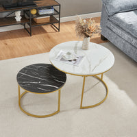 Set Christchurch 2 Tavolini Sovrapponbili con Piani Rotondi - Effetto Marmo Bianco e Nero / Oro [en.casa]
