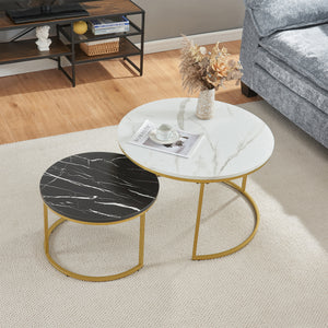 Set Christchurch 2 Tavolini Sovrapponbili con Piani Rotondi - Effetto Marmo Bianco e Nero / Oro [en.casa]