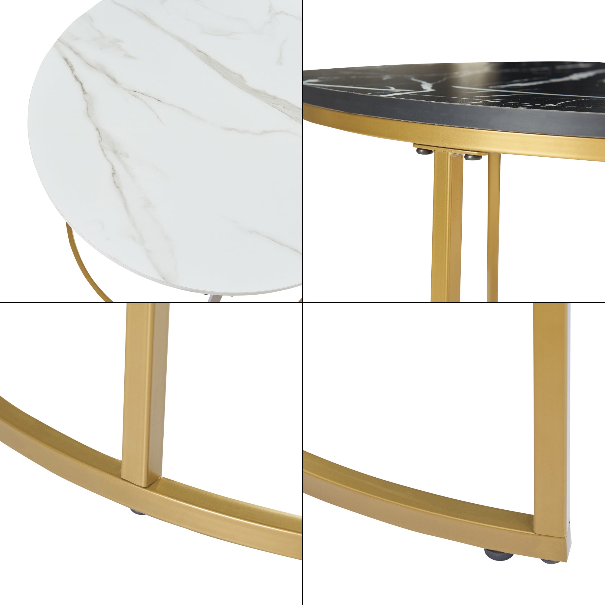 Set Christchurch 2 Tavolini Sovrapponbili con Piani Rotondi - Effetto Marmo Bianco e Nero / Oro [en.casa]