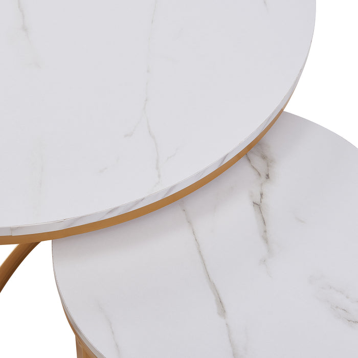 Set Christchurch 3 Tavolini Sovrapponbili con Piani Rotondi - Effetto Marmo Bianco / Oro [en.casa]