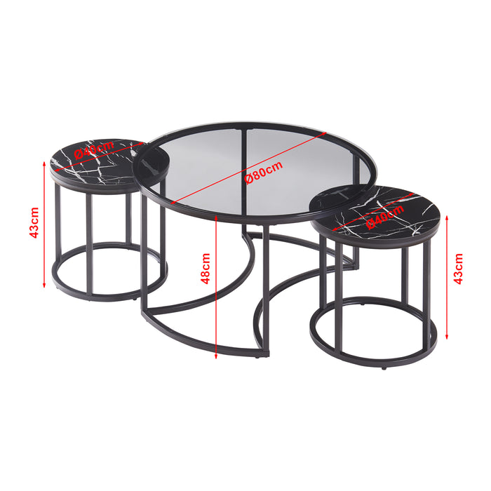 Set Kokkola 3 Tavolini Sovrapponibili con Piani Rotondi in Vetro Fumè e MDF Effetto Marmo Nero [en.casa]