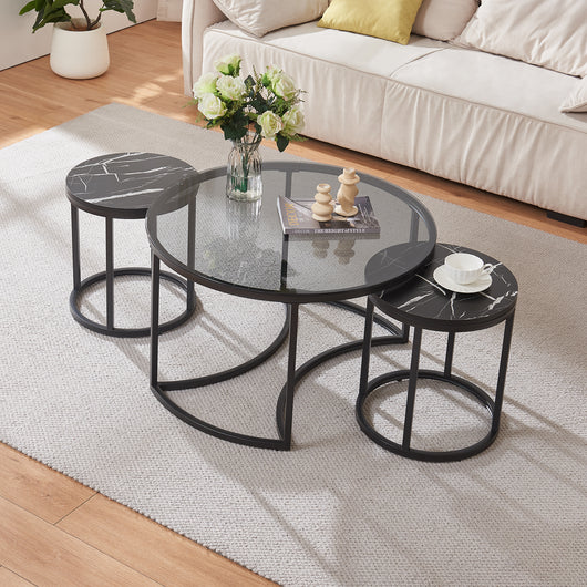 Set Kokkola 3 Tavolini Sovrapponibili con Piani Rotondi in Vetro Fumè e MDF Effetto Marmo Nero [en.casa]